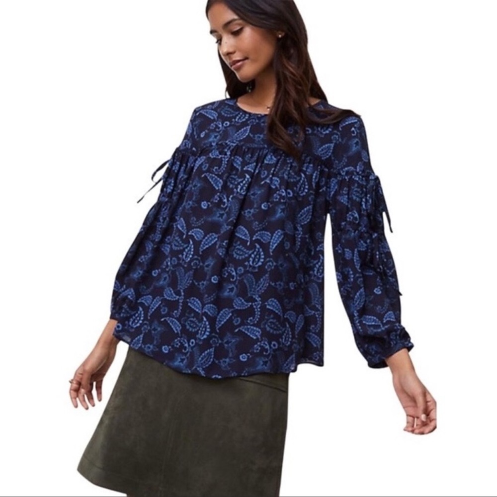 Loft Blue Paisley Tie Sleeve Blouse